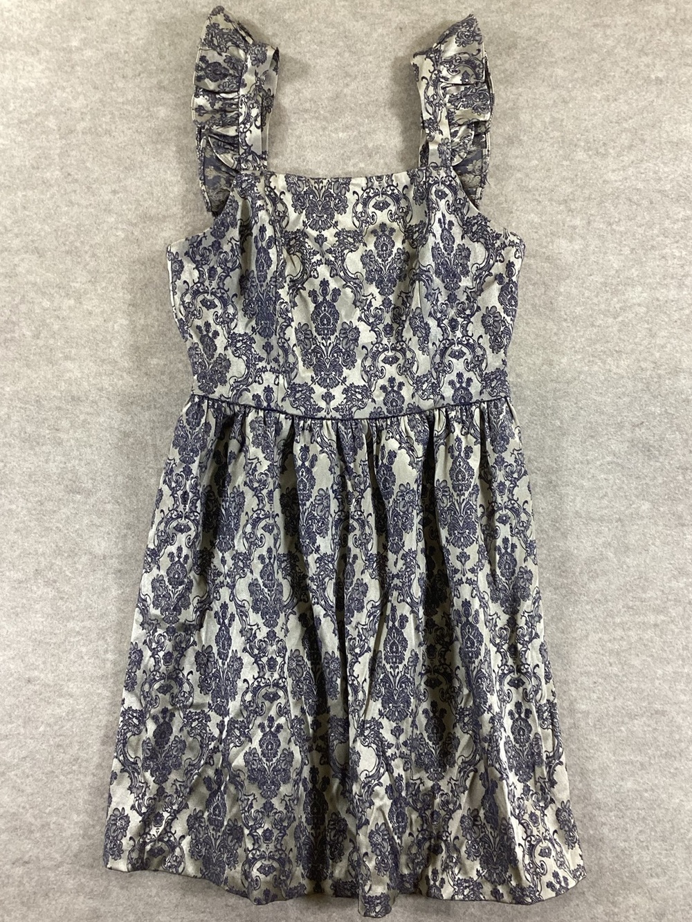 Altar’d State Blue & Gray Brocade Ruffle Strap Dress